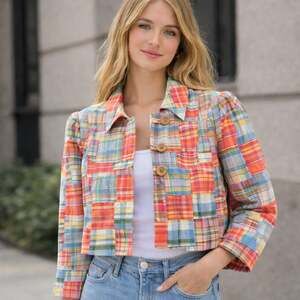 Vintage Carole Little Sport Patchwork Plaid Cropped Jacket Large Cottagecore